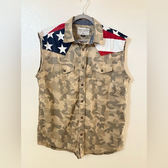 CODY JAMES CAMO BUBBA SLEEVELESS WESTERN SHIRT PATRIOTIC SMALL - Picture 2 of 4